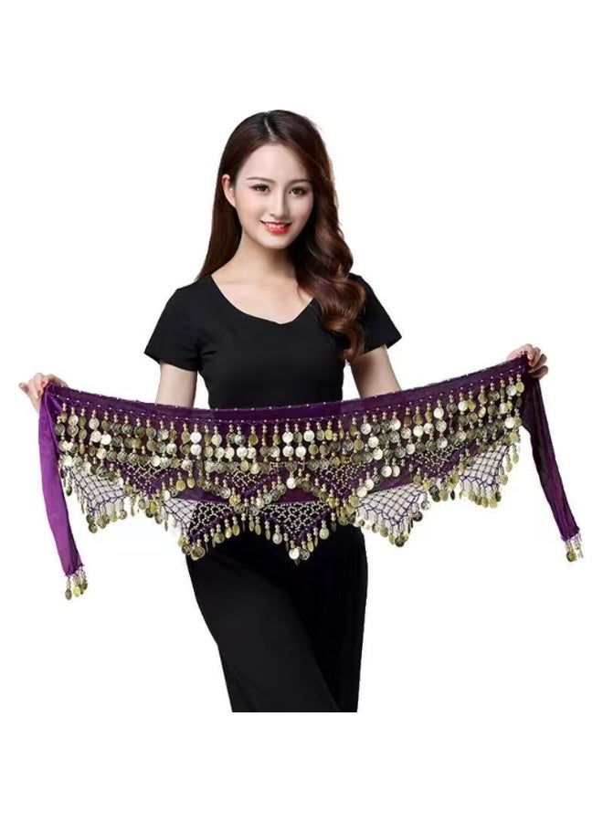 Hiras Belly Dance Hip Scarf with Gold Coins | Adjustable Waist Chain Belt for Women | Metal Coin & Bead Trim | Purple - Image 4